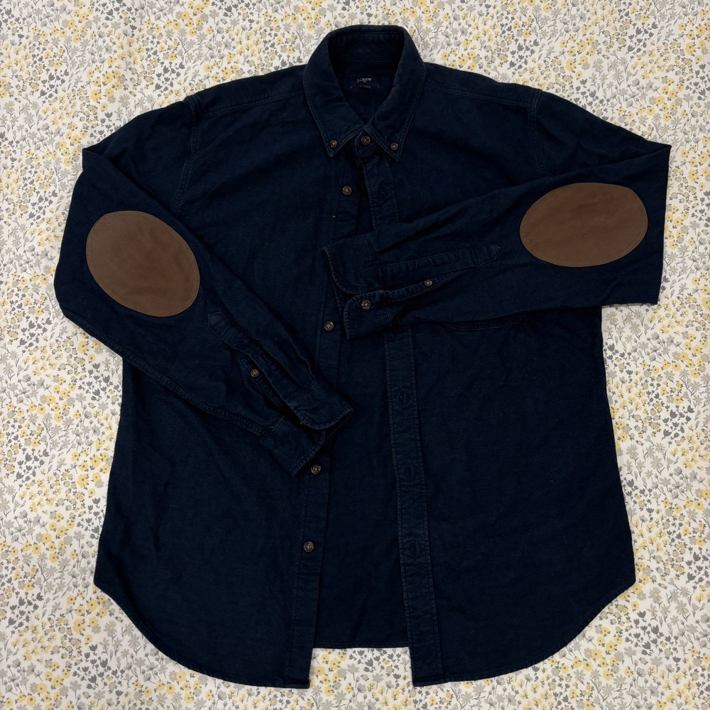 J Crew Navy Blue Long Sleeve Flannel Elbow Patch Button Down Casual Men's Medium